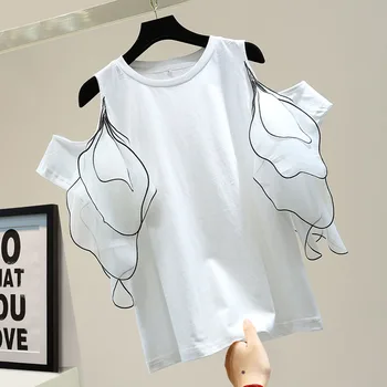 Dizaino Prasme Off-pečių trumparankoviai marškinėliai 2021 m. Vasarą korėjos Stiliaus Laisvi Ir Plonas Viršūnes Mados marškinėliai Moterims Atsitiktinis Tee
