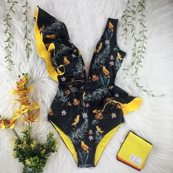 DREEM 2021 Nauja Seksuali Pynimas Spausdinti Gėlių vientisi maudymosi kostiumėlį Off Peties maudymosi Kostiumėliai Moterims, Kietas Deep-V Bikini Maudymosi Kostiumą Monkini
