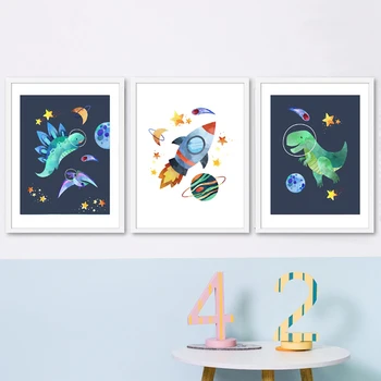 Drobė, tapyba dinozaurų animacinių filmų, plakatų ir kosmoso raketų vaikai sienos meno erdvė drobės tapybos berniukas kambaryje namų puošybai fram