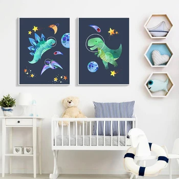 Drobė, tapyba dinozaurų animacinių filmų, plakatų ir kosmoso raketų vaikai sienos meno erdvė drobės tapybos berniukas kambaryje namų puošybai fram