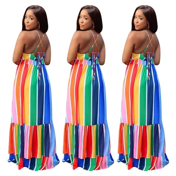 Dryžuotas Afrikos Maxi Suknelė Moterims Spageti Dirželis Aukštos Juosmens Pynimas Kratinys Skraiste Mados Naujas Elegantiškas Afrikos Paplūdimio Suknelės 2021