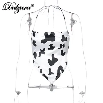Dulzura satino gėlių pieninių karvių spausdinti moterų apynasrio pasėlių viršuje nėrinių backless bodycon seksualus streetwear šalies klubas 2021 m. vasaros