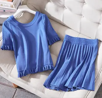 Dviejų dalių rinkiniai moterims vasaros tuščiaviduriai iš megzti megztinis+aukšto juosmens klostuotas sijonas