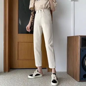 Džinsai Moterims, Studentų Laisvalaikio 3-spalvų Aukšto Juosmens Populiarus, Pagrindiniai Moterų Kelnės Džinsai Mygtukai, Paprastas Paauglių Kulkšnies ilgis Streetwear