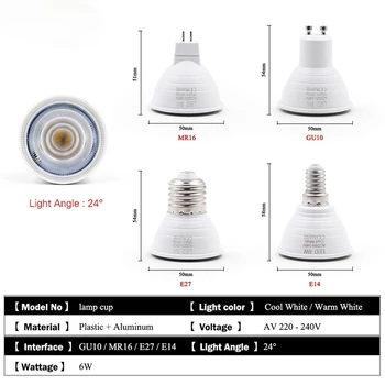 E27 E14 MR16 GU5.3 GU10 Lampada LED Lemputė 6W 220V Bombillas LED Lemputė, Prožektorius Lampara Vietoje Šviesos diodų (led) lemputės šviesos namuose