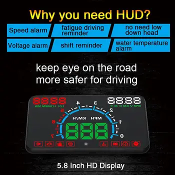 E350 Automobilių HUD Head-Up Display 5.5 Colių OBD2 Skaitmeninis Spidometras prekinis, galinis Stiklo Projektorius greičio viršijimo Signalas Vandens temp APS / min Įtampa