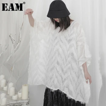 [EAM] Moterys, Balta didelio Dydžio, Netaisyklingos Nėrinių Atsitiktinis marškinėliai Naujas Apvalios Kaklo trumpomis Rankovėmis Mados Banga Pavasario Vasaros 2021 1DD7174