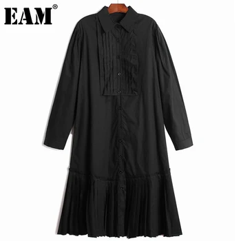 [EAM] Moterys Black Didelis Dydis Atsitiktinis Plisuotos Marškinėliai Suknelė Naują Atvartas ilgomis Rankovėmis Palaidi Tinka Mados Banga Pavasario Vasaros 2021 1DD8217