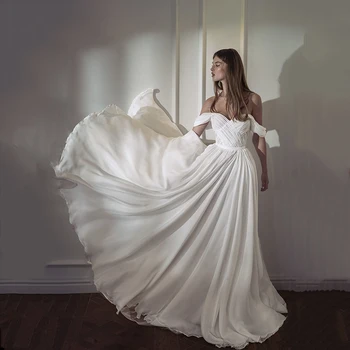 Eightree Paplūdimys Vestuvių Suknelė Off Peties Vestuvių Suknelės Ilgos, Baltos, Dramblio kaulo, Elegantiškas Šifono-line 2021 Nuotakos Suknelės pagal Užsakymą
