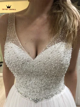 Elegantiškas A-line Wedding Dresses V-kaklo Tiulio Kristalų Zawalcowany Diamond 2021 Naujo Dizaino Moterų Oficialų Nuotakos Suknelės pagal Užsakymą Pagaminti SD03