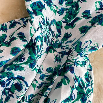 Elegantiškas O-kaklo Žalia Spausdinti Žakardo Suknelės Moterims, 2021 M. Rudenį Naujų Retro Gėlių Spausdinti Vidutinio ilgio Liemenė Suknelė