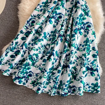 Elegantiškas O-kaklo Žalia Spausdinti Žakardo Suknelės Moterims, 2021 M. Rudenį Naujų Retro Gėlių Spausdinti Vidutinio ilgio Liemenė Suknelė
