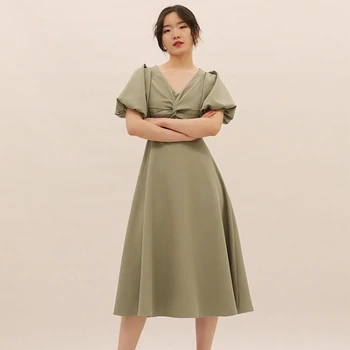 Elegantiškas V-kaklo Kink Midi Suknelė korėjos Stiliaus Plonas Avokado Žalios Raudonos Suknelės Moterims Šalis Naujas Mados Suknelės Moterims 2021