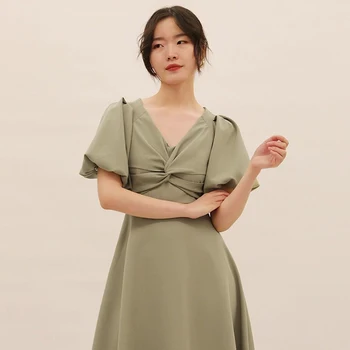 Elegantiškas V-kaklo Kink Midi Suknelė korėjos Stiliaus Plonas Avokado Žalios Raudonos Suknelės Moterims Šalis Naujas Mados Suknelės Moterims 2021