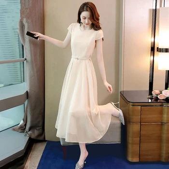 Elegantiškas, Vidutinio ilgio Šifono Trumpas rankovėmis Suknelė su Perlų Diržo Rodo Plonas Ponios Temperamentas Švelnus Vėjo Šifono-line Suknelė