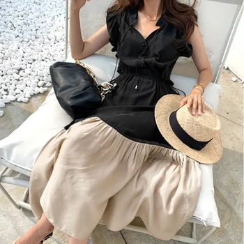 Espoo vėjo kokybės juosmens, ne be rankovių lotus atitikimo plona suknelė moteriška vasaros stilius V-kaklo suknelė