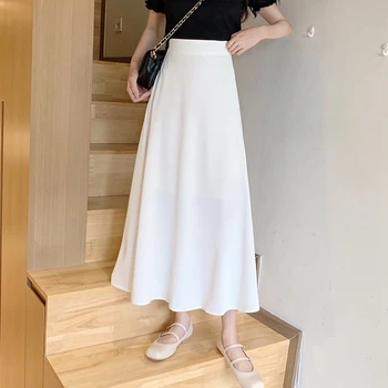 Faldas Mujer Moda 2021 Mados Vasaros Šifono Linijos, Ilgai Midi Sijonas Y2k Elegantiška Vintage Šilko Juoda Balta Korėjos Klostuotas Sijonas