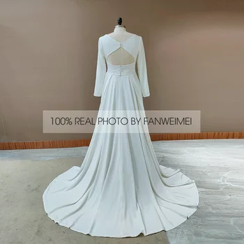 Fanweimei Kuklus Vien V-Kaklo Vestuvių Suknelė 2021 Mados ilgomis Rankovėmis Valymo Traukinio Jersey Plyšinės Linijos Nuotakos Suknelė su Varčias