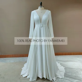 Fanweimei Kuklus Vien V-Kaklo Vestuvių Suknelė 2021 Mados ilgomis Rankovėmis Valymo Traukinio Jersey Plyšinės Linijos Nuotakos Suknelė su Varčias