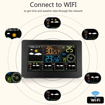 FJW4 LCD Skaitmeninis Signalo Sieninis Laikrodis Oras Stotis wifi Patalpų Lauko Temperatūros, Drėgmės, Slėgio, Vėjo Orų Prognozė