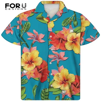 FORUDESIGNS Havajų Hibiscus Gėlių Šortai Rankovėmis vyriški Mygtukai Marškinėliai Harajuku Karšto Pardavimo Prarasti atostogų Drabužių Masculina