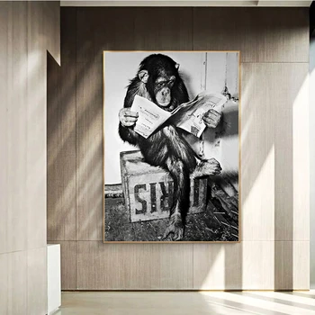 Funny Monkey Business Plakatas ir Spausdinimo Juoda Balta ant Sienos Skaityti Laikraštį Tapybos Vandentiekis paveiksl Tualetas Dekoras