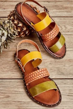 Geltona/plytelių/tan tikros odos dirbiniai moterų sandalai vasarą madingas dizainas ryškių spalvų