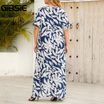 GIBSIE Plus Size V-Kaklo trumpomis Rankovėmis Spausdinti Suknelė Atsitiktinis Moterų Vasaros Suknelės Prarasti Moterų Paplūdimio Ilgas, Maxi Suknelė Be Diržo