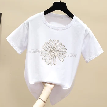 Gkfnmt korėjos marškinėliai Moterims Drabužių Diamond Medvilnės trumpomis Rankovėmis Naujas 2021 Atsitiktinis Balta Moterų Marškinėliai Vasaros Viršūnes Black Marškinėliai