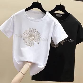 Gkfnmt korėjos marškinėliai Moterims Drabužių Diamond Medvilnės trumpomis Rankovėmis Naujas 2021 Atsitiktinis Balta Moterų Marškinėliai Vasaros Viršūnes Black Marškinėliai