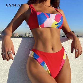 GNIM Seksualus Bandeau maudymosi Kostiumėliai Moterims Kratinys Spausdinti Bikini Komplektas 2021 M. Vasaros Aukšto Juosmens maudymosi kostiumėlį Moteris 2 Gabalas Paplūdimio Biquini Naujas