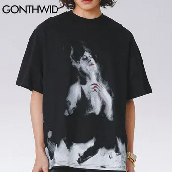 GONTHWID T-Shirt Streetwear Hip-Hop Gaisro Liepsnos Mergina, Punk Rock, Gothic Tees Marškinėliai Harajuku Atsitiktinis Medvilnės, trumpomis Rankovėmis Marškinėlius Viršūnės
