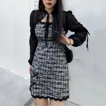 GothGotik Seksualus Pledas Lace A-Line Dresses Moteris Spageti Dirželis Kietas Y2K Gotikos Stiliaus Juoda Gazas Žaliojo Vasaros