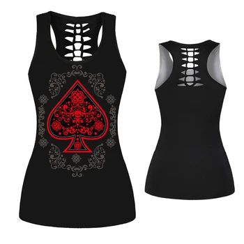 Gothic Black 3D Spausdinimo Tankai Moterų Viršūnių Atgal Hollow-out Liemenė Raudona Kastuvai Seksualus Punk Berankoviai marškinėliai Vasaros Paplūdimio Bakas Slim Viršų