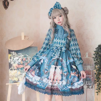 Gotikos japonijos derliaus saldus lolita dress palace nėrinių bowknot stovėti spausdinimo viktorijos suknelė kawaii girl gothic lolita op cos