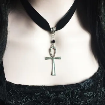 Gotikos kryžiaus choker juodo aksomo su Ankh kryžiaus pakabukas choker masto mados naujovė Ragana žavesio moteris dovaną 2020 naujas draugas