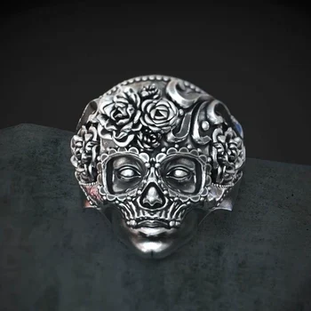 Gotikos Meksikos Gėlių Cukraus Kaukolė Žiedai Moterų Mielas Nerūdijančio Plieno Punk Gėlės Žiedas Papuošalai