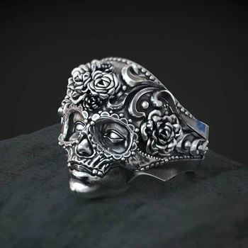 Gotikos Meksikos Gėlių Cukraus Kaukolė Žiedai Moterų Mielas Nerūdijančio Plieno Punk Gėlės Žiedas Papuošalai