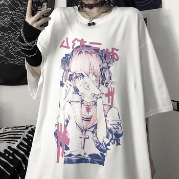 Gotikos T-shirt Moterims, 2021 Negabaritinių Harajuku Derliaus Viršų Moteriška Vasaros Alt Drabužius Estetinės Anime Spausdinti Marškinėliai