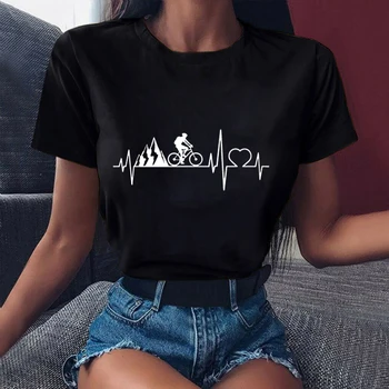 Grafinis Tees Viršūnes Animacinių Filmų Kalnų Dviračių Širdies Dviračiais Spausdinti Tshirts Moterų Juokingi Marškinėliai Black Viršūnes Camisetas Mujer T-Shirt