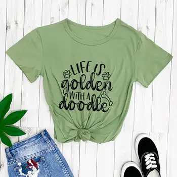Gyvenimas yra aukso su doodle Aukso Doodle marškinėliai Naują Atvykimo Atsitiktinis Medvilnės, Juokingi Marškinėliai Šunų Mylėtojas Dovana Šunų Mylėtojas Marškinėliai