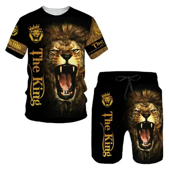 Gyvūnų liūtas vasaros 3D spausdinimo vyriški marškinėliai šortai kostiumas vyriški sportiniai, sportiniai, O kaklas trumpas rankovėmis vyriški drabužiai kostiumas
