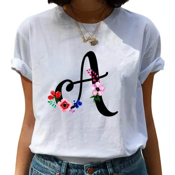 Gėlių Atspausdintas Laiškas Moterys T-shirt Moteris Harajuku trumparankoviai O-Kaklo Tees Mergina Summer Tee Viršūnes Femme Laišką Grafinis Marškinėlius