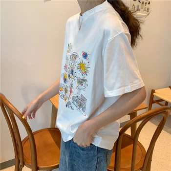 Harajuku kawaii Grafinis Tee Moterų vasaros Paprastas trumpas rankovės animacinių filmų Marškinėliai korėjos Moterys Juokinga, Print T-marškinėliai Atsitiktinis balta