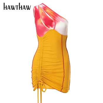 Hawthaw Moterų Berankovis Vasaros Vieno Peties Tuščiaviduriai Iš Plisuotos Bodycon Paketo Klubo Mini Suknelė 2021 Moterų Drabužių Streetwear