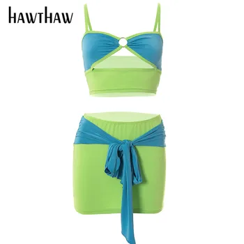 Hawthaw Moterų Vasaros Spalvos Bloką Tankų Paketo Klubo Mini Sijonas Iš Dviejų Dalių Rinkinys, Apranga, Kostiumas 2021 Moterų Drabužių Streetwear