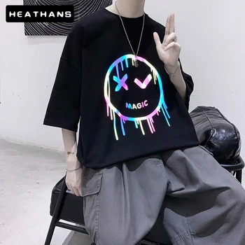 Hip-Hop Marškinėliai vyriški Atspindinti Spalva Veiduką Spausdinti Harajuku Streetwear Šortai Rankovėmis T-shirt Vyrai 2021 M. Vasaros Viršūnes Mens Tee