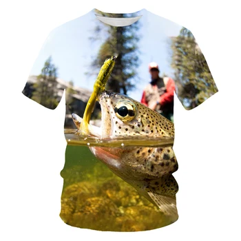 Hip-hop stiliaus 3D spausdinimo trumparankoviai vyrų ir moterų kasdien fotografijos stilius žvejybos 3D atsitiktinis palaidų O-kaklo marškinėliai