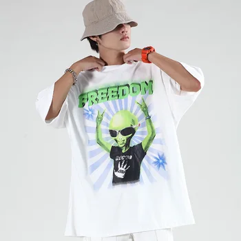 Hip-Hop T-shirt Vyrai Juokinga Užsienietis Nukentėjo Spalva Laiškas Išspausdintas Viršūnes Tee Vasaros Atsitiktinis Hipster High Street Negabaritinių Streetwear Pora