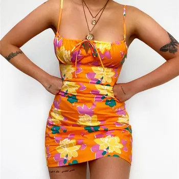 Hirigin Kaklaraištis Dažų Mini Suknelė Y2k Oranžinės spalvos Gėlių Spausdinti Dirželiai Seksualus Klubo Šalis, Komplektai, 2021 M. Vasarą Bodycon Moterų Suknelės, Vestidos